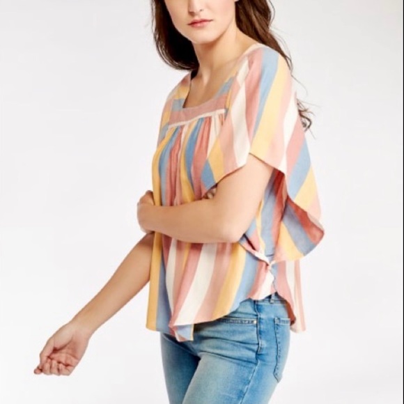 Beachlunchlounge Happy Stripe Zoey Flutter Sleeve Box Neck Top - Picture 11 of 12